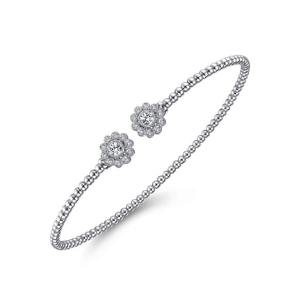 Floral - Split 14K White Gold Bujukan Bead Bangle with Floral Diamond Endcaps