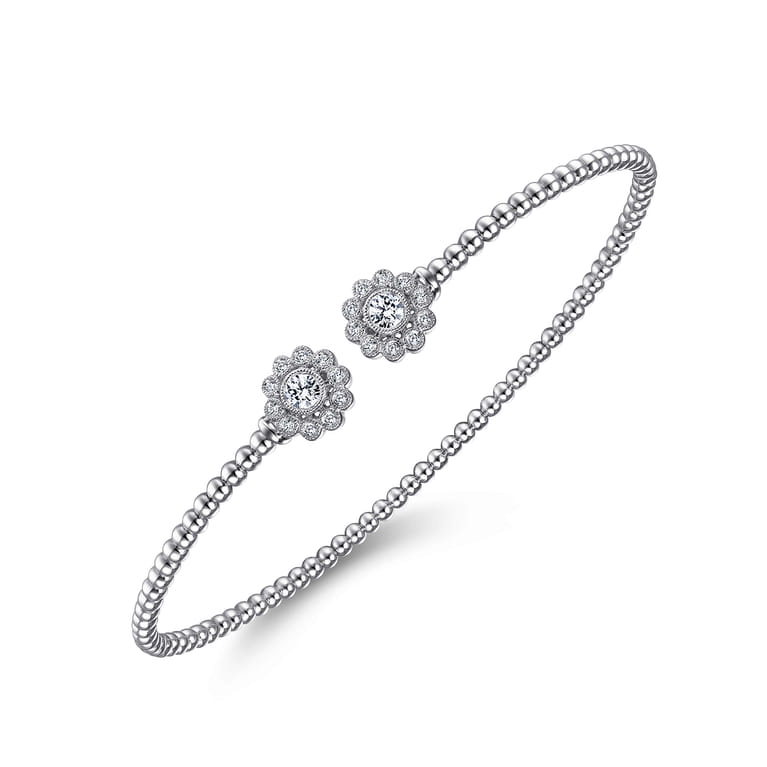 Floral - Split 14K White Gold Bujukan Bead Bangle with Floral Diamond Endcaps - 0.25 ct - Shot 2