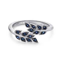 Floral - Sterling Silver Bypass Leaf Wrap Ring with Sapphire Stones With Brush Finish