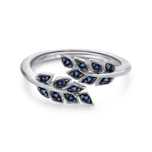 Floral - Sterling Silver Bypass Leaf Wrap Ring with Sapphire Stones With Brush Finish