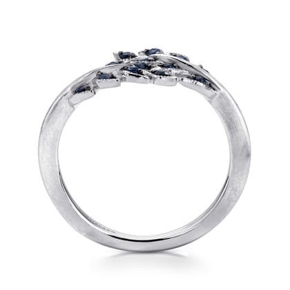 Floral - Sterling Silver Bypass Leaf Wrap Ring with Sapphire Stones With Brush Finish