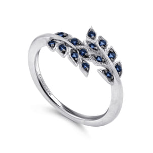 Floral - Sterling Silver Bypass Leaf Wrap Ring with Sapphire Stones With Brush Finish