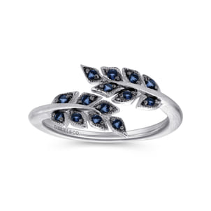 Floral - Sterling Silver Bypass Leaf Wrap Ring with Sapphire Stones With Brush Finish