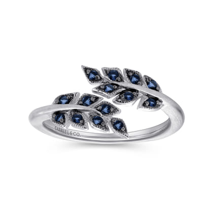 Floral - Sterling Silver Bypass Leaf Wrap Ring with Sapphire Stones With Brush Finish