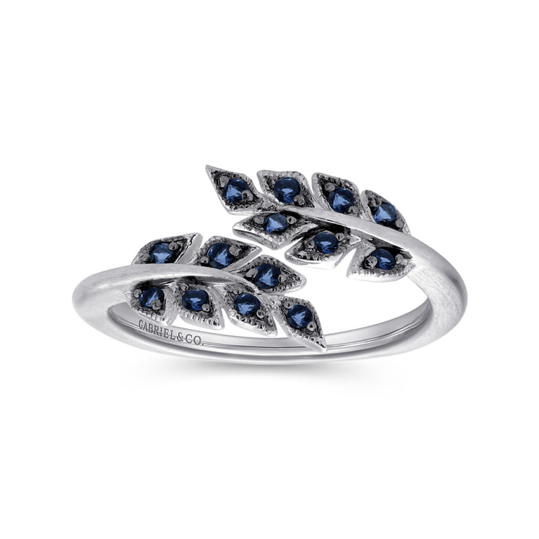 Floral - Sterling Silver Bypass Leaf Wrap Ring with Sapphire Stones With Brush Finish - Shot 4