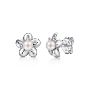 Floral - Sterling Silver Floral Dainty Cultured Pearl Stud Earrings