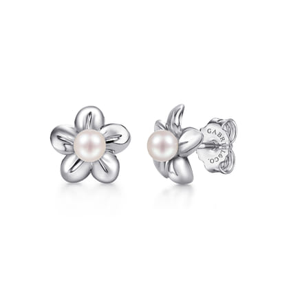 Floral - Sterling Silver Floral Dainty Cultured Pearl Stud Earrings