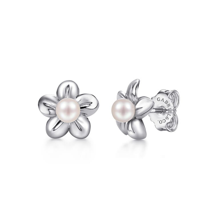 Floral - Sterling Silver Floral Dainty Cultured Pearl Stud Earrings - Shot 1