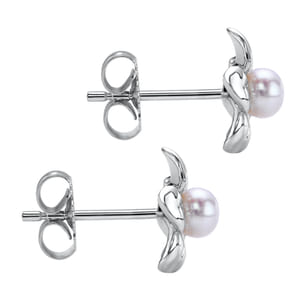 Floral - Sterling Silver Floral Dainty Cultured Pearl Stud Earrings