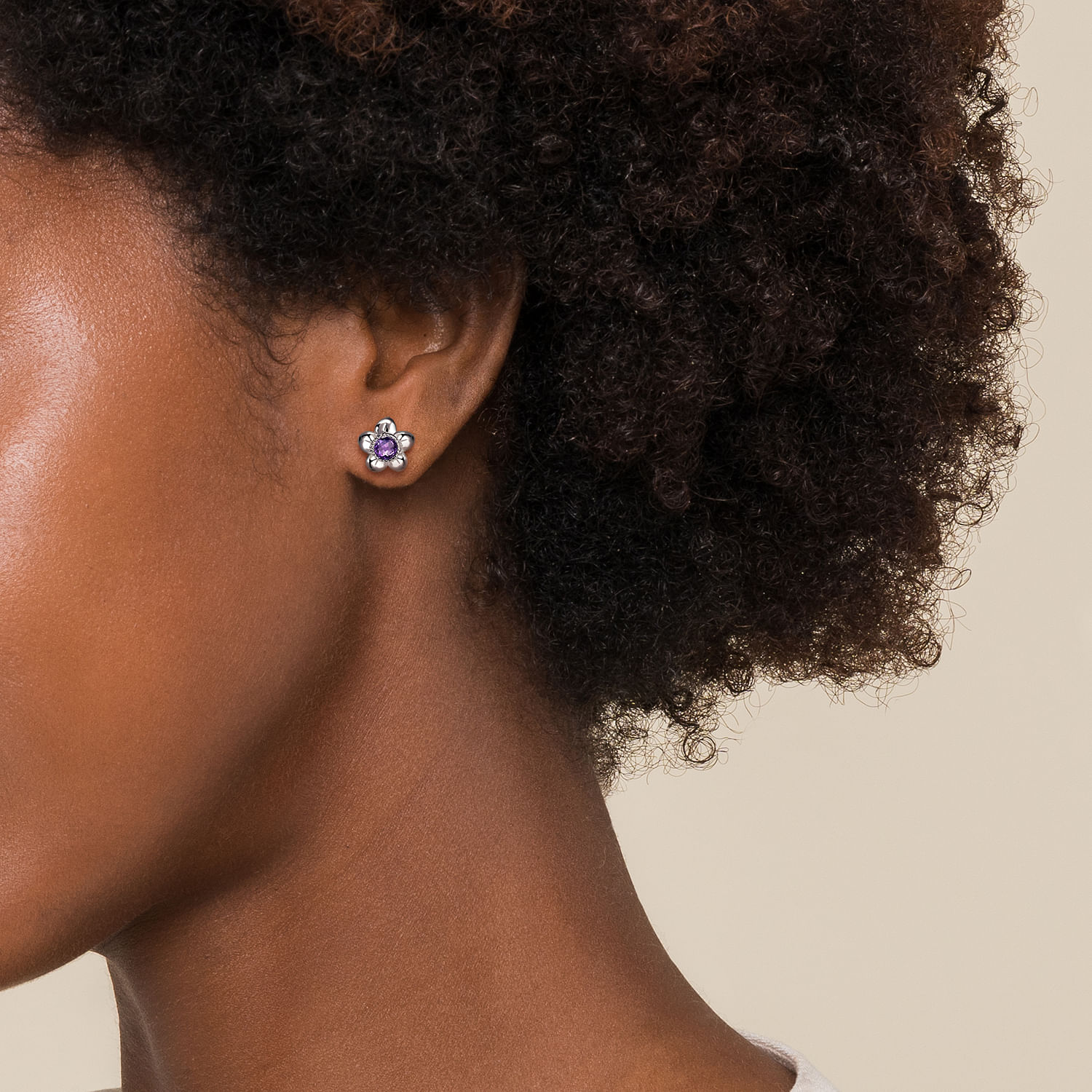 Floral - Sterling Silver Round Amethyst Flower Stud Earrings