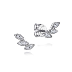 Floral - Stud Earrings Ear Climber 14K White Gold Diamond 0.09ct