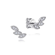 Floral - Stud Earrings Ear Climber 14K White Gold Diamond 0.09ct