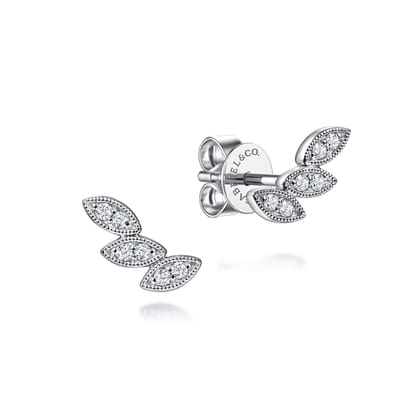 Floral - Stud Earrings Ear Climber 14K White Gold Diamond 0.09ct