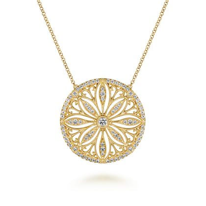 Floral - Vintage Inspired 14K Yellow Gold Floral Diamond Pendant Necklace
