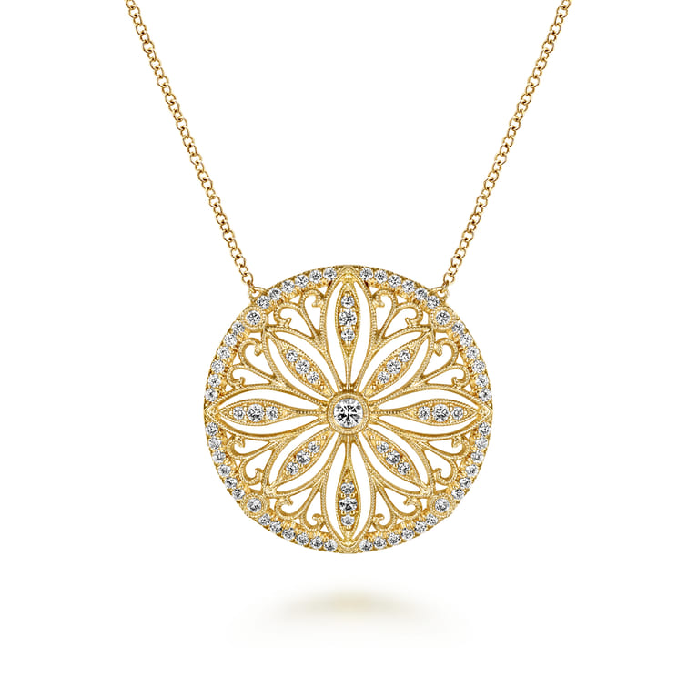 Floral - Vintage Inspired 14K Yellow Gold Floral Diamond Pendant Necklace - 0.55 ct - Shot 1