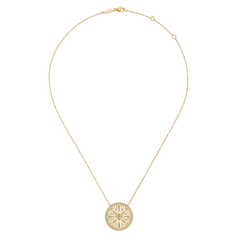 Floral - Vintage Inspired 14K Yellow Gold Floral Diamond Pendant Necklace - 0.55 ct - Shot 2