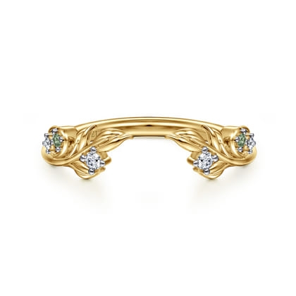 Floral 14K Yellow Gold Prong Setting Green Sapphire and Diamond Open Anniversary Band