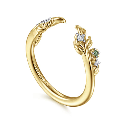 Floral 14K Yellow Gold Prong Setting Green Sapphire and Diamond Open Anniversary Band