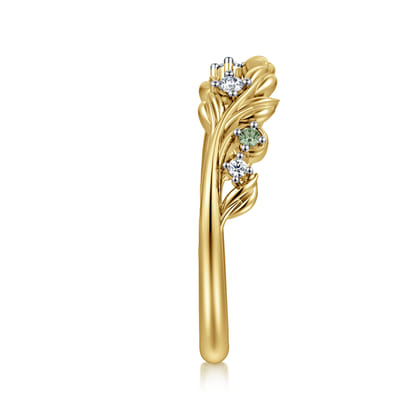 Floral 14K Yellow Gold Prong Setting Green Sapphire and Diamond Open Anniversary Band