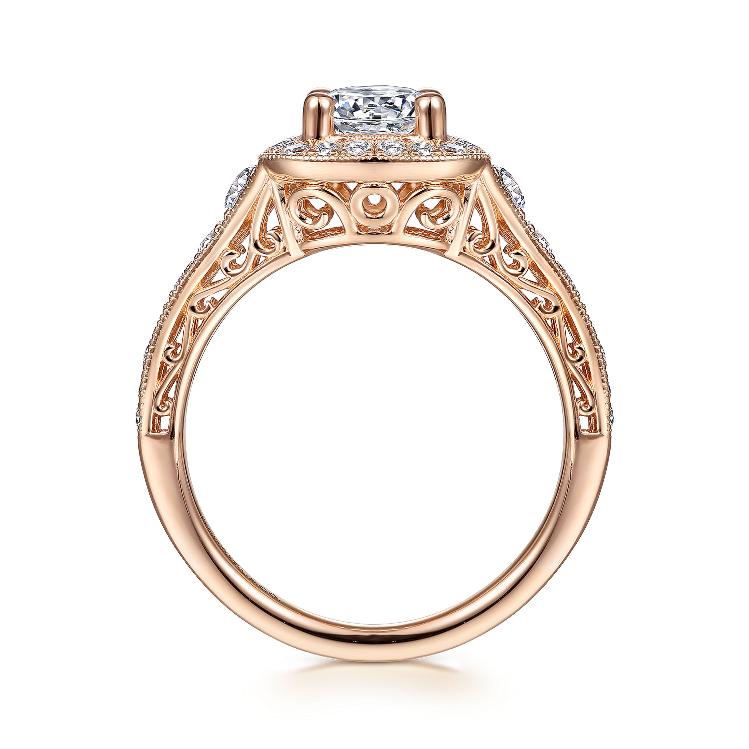 Florence - Vintage Inspired 14K Rose Gold Cushion Halo Round Diamond Engagement Ring - 0.55 ct - Shot 2