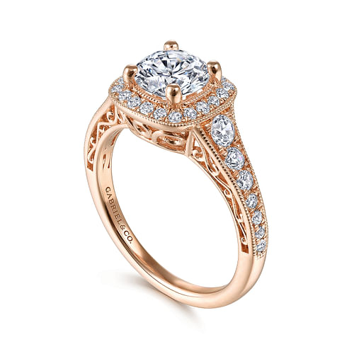 Florence - Vintage Inspired 14K Rose Gold Cushion Halo Round Diamond Engagement Ring - 0.55 ct - Shot 3