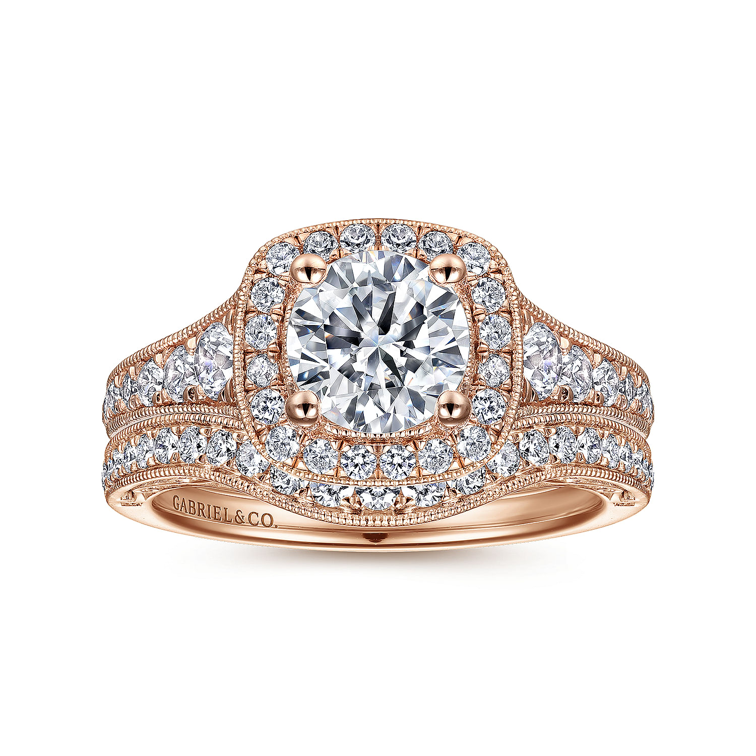 Florence - Vintage Inspired 14K Rose Gold Cushion Halo Round Diamond Engagement Ring - 0.55 ct - Shot 4