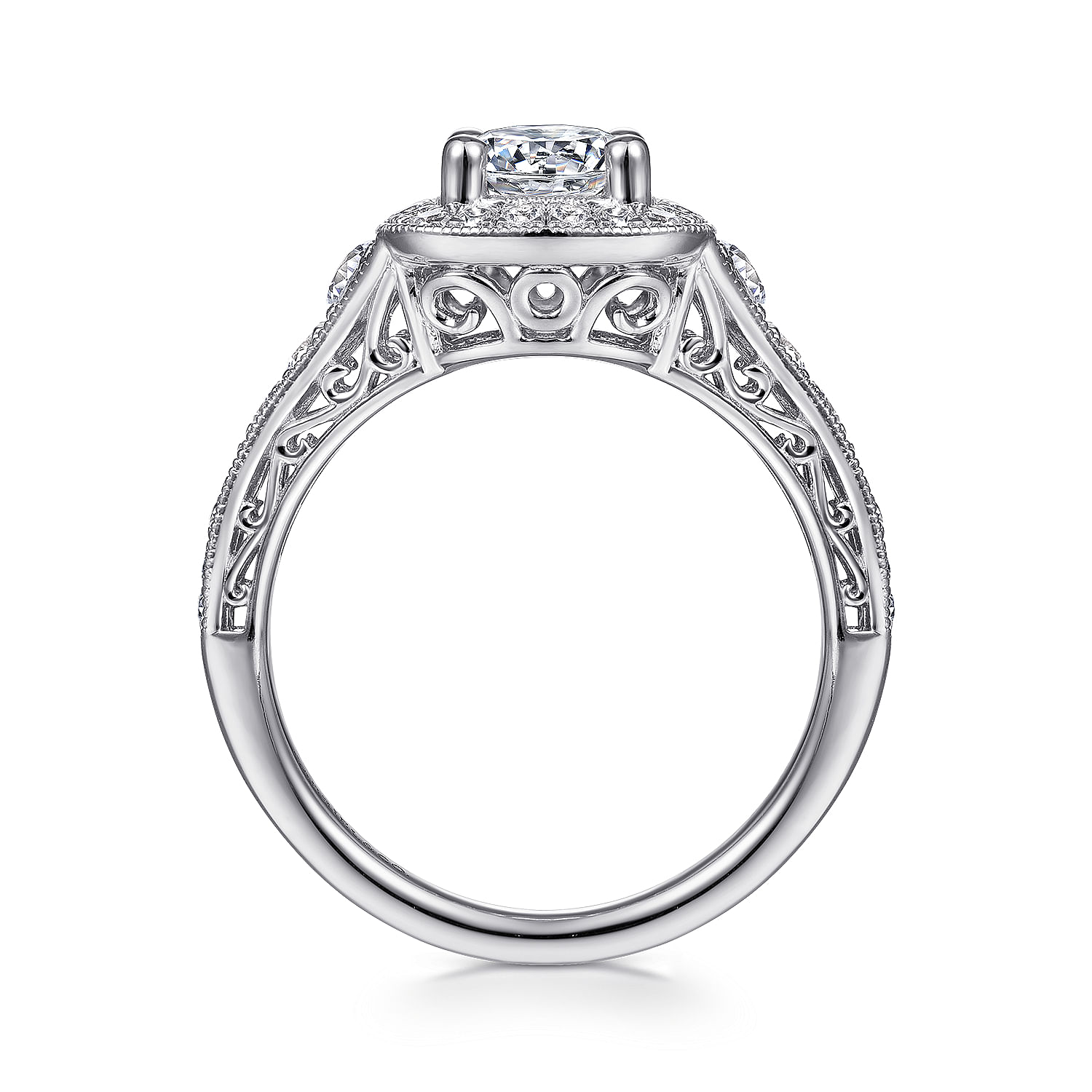 Florence - Vintage Inspired 14K White Gold Cushion Halo Round Diamond Engagement Ring - 0.55 ct - Shot 2