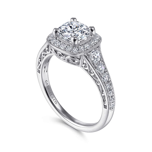 Florence - Vintage Inspired 14K White Gold Cushion Halo Round Diamond Engagement Ring - 0.55 ct - Shot 3
