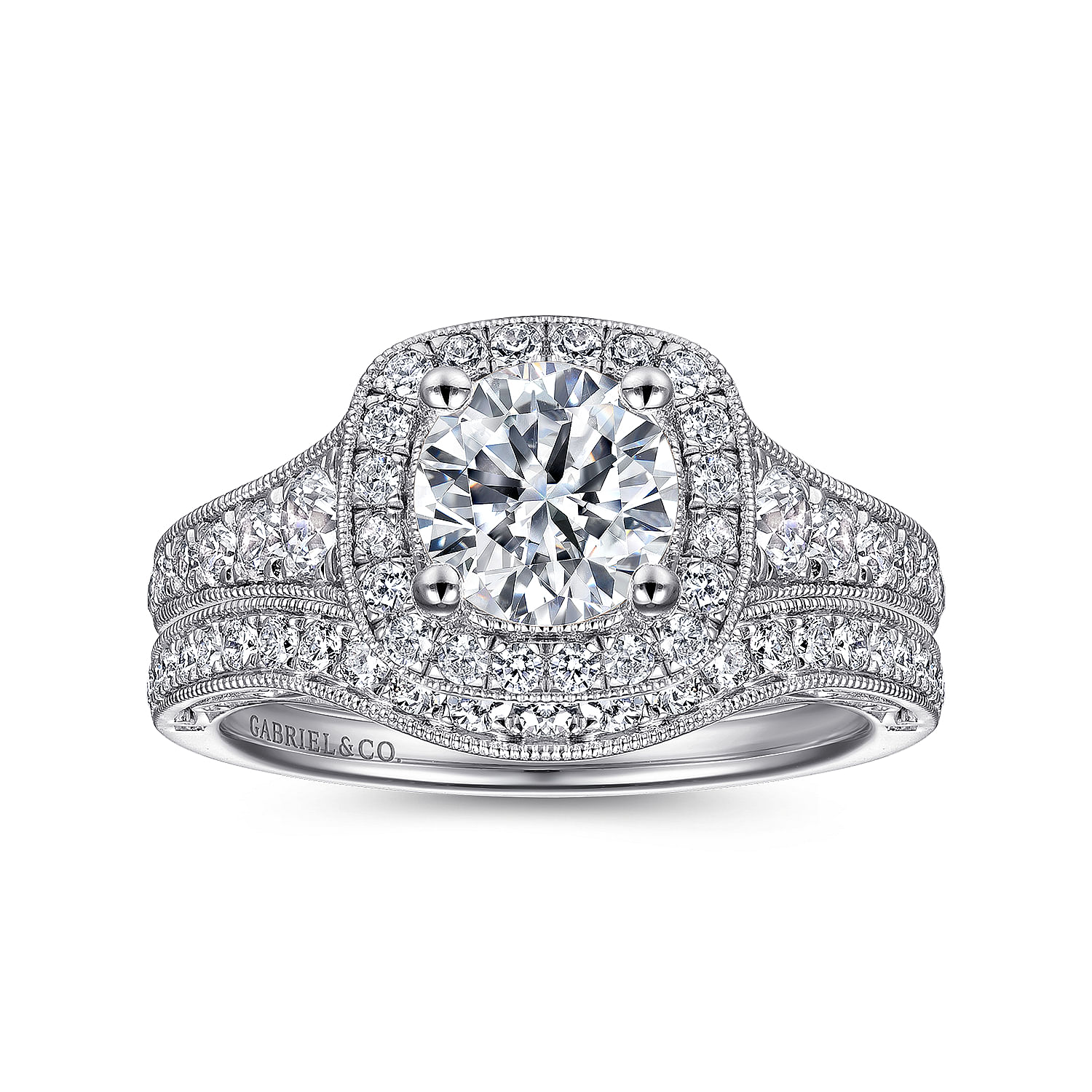 Florence - Vintage Inspired 14K White Gold Cushion Halo Round Diamond Engagement Ring - 0.55 ct - Shot 4