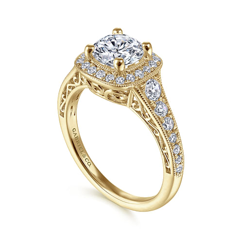Florence - Vintage Inspired 14K Yellow Gold Cushion Halo Round Diamond Engagement Ring - 0.55 ct - Shot 3