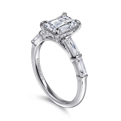 Flores - 14K White Gold Emerald Cut Diamond Engagement Ring