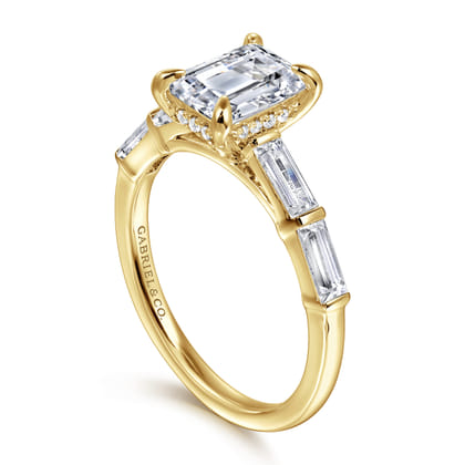 Flores - 14K Yellow Gold Emerald Cut Five Stone Diamond Engagement Ring