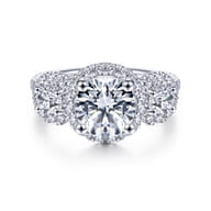 France - 14K White Gold Round 3 Stone Halo Diamond Engagement Ring