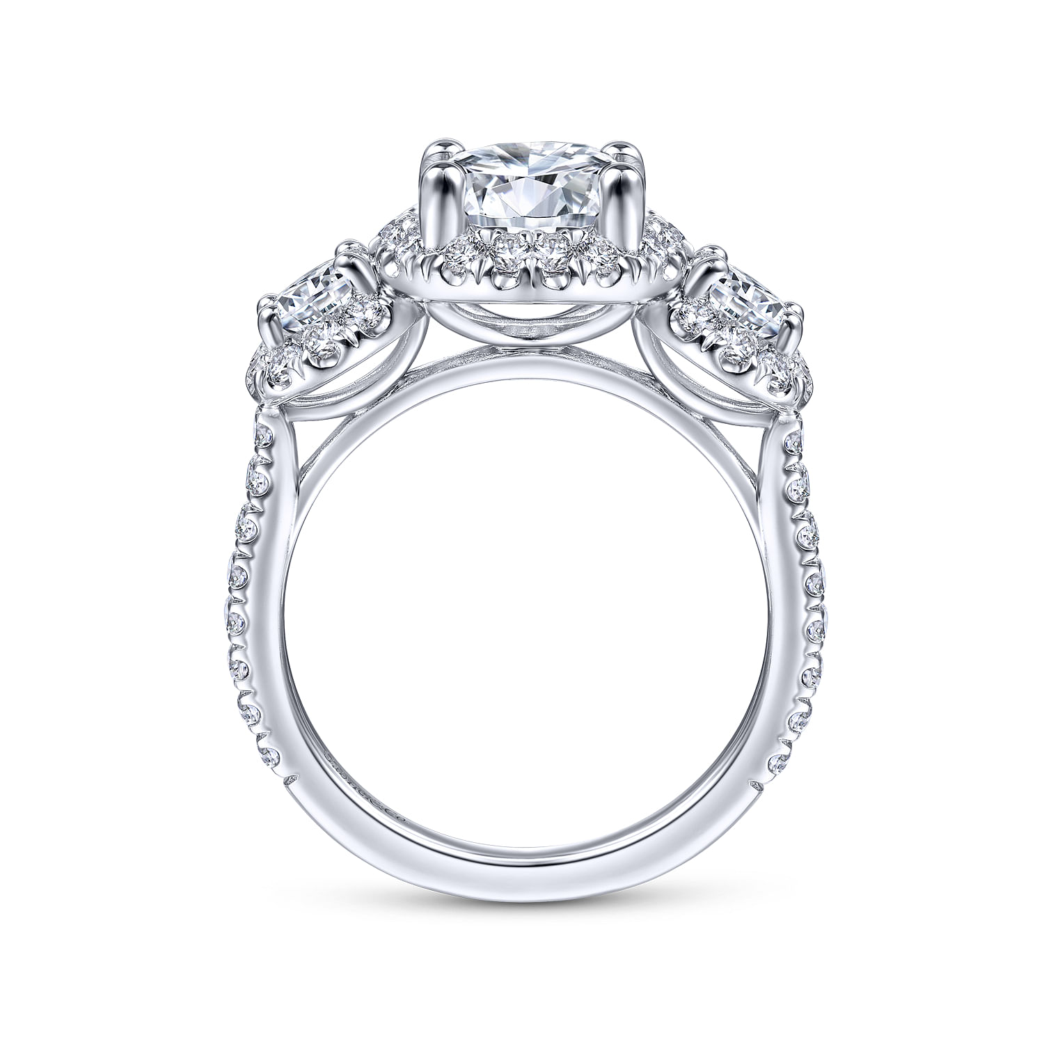 France - 14K White Gold Round 3 Stone Halo Diamond Engagement Ring