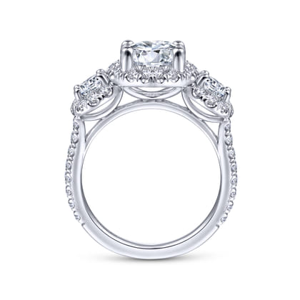 France - 14K White Gold Round 3 Stone Halo Diamond Engagement Ring