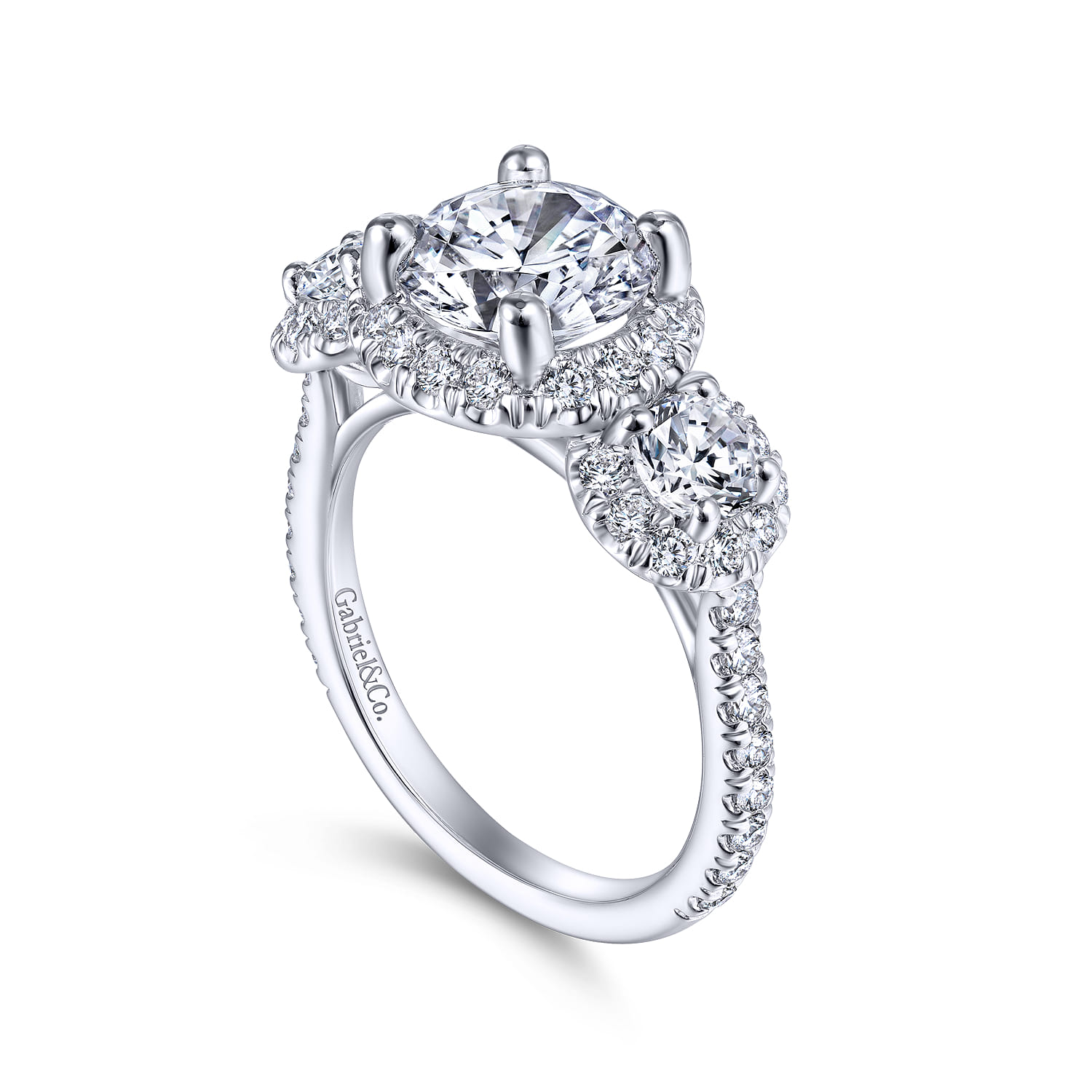 France - 14K White Gold Round 3 Stone Halo Diamond Engagement Ring