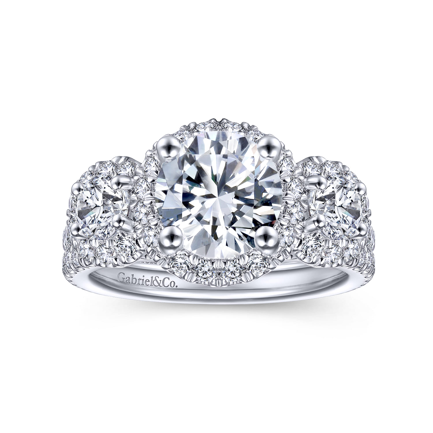 France - 14K White Gold Round 3 Stone Halo Diamond Engagement Ring