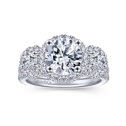 France - 14K White Gold Round 3 Stone Halo Diamond Engagement Ring