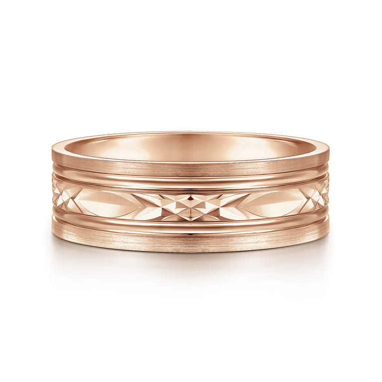 Franco - 14K Rose Gold 7mm - Diamond Cut Center Men's Wedding Band in Satin Finish - Shot 1