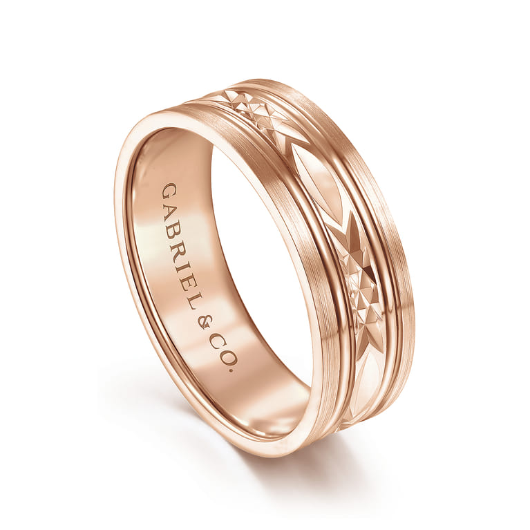 Franco - 14K Rose Gold 7mm - Diamond Cut Center Men's Wedding Band in Satin Finish - Shot 3