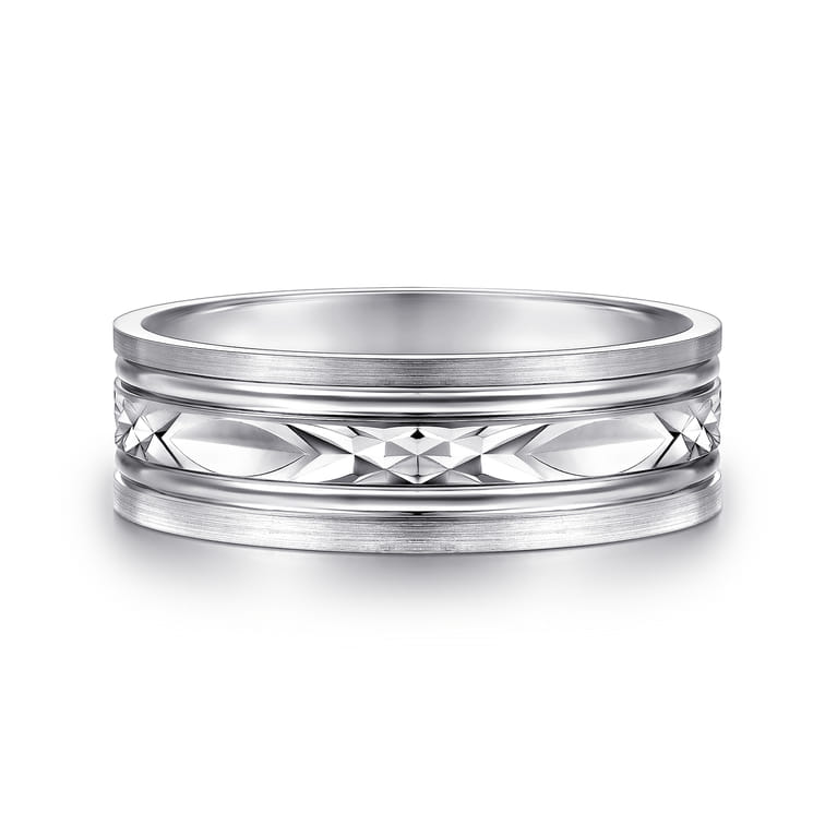 Franco - 14K White Gold 7mm - Diamond Cut Center Men's Wedding Band in Satin Finish - Shot 1