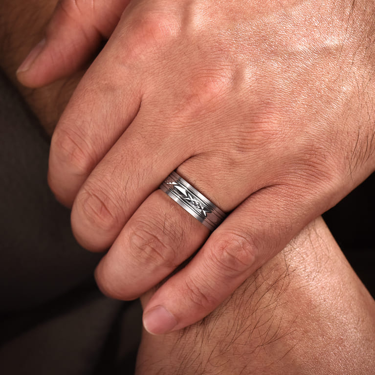 Franco - 14K White Gold 7mm - Diamond Cut Center Men's Wedding Band in Satin Finish - Shot 5