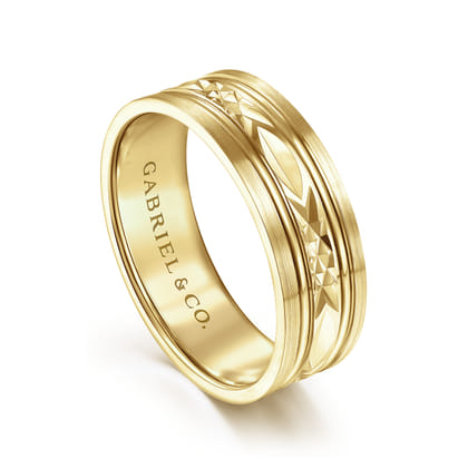 Franco - 14K Yellow Gold 7mm - Diamond Cut Center Men's Wedding Band in Satin Finish