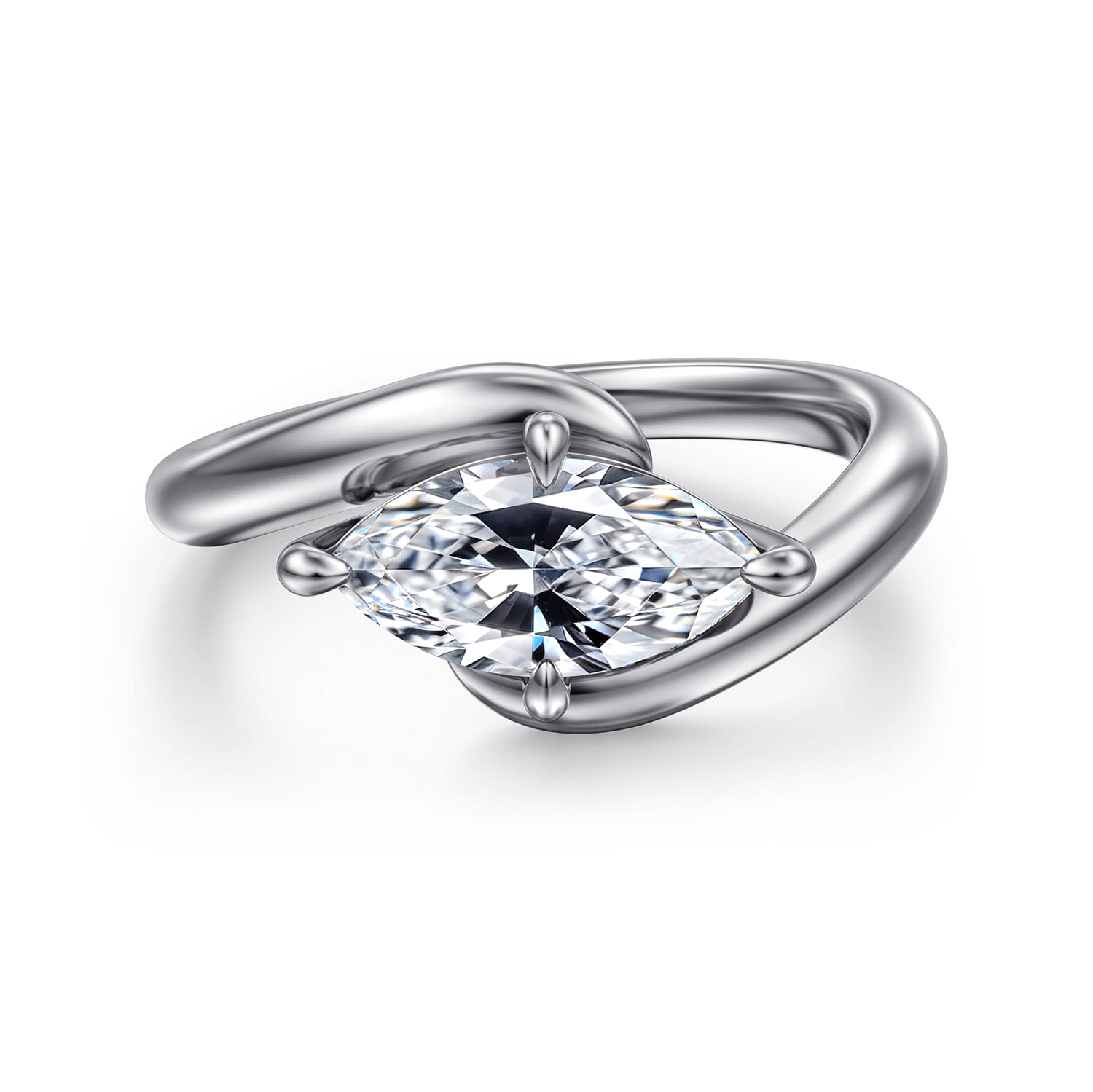 Freye - 14K White Gold Bypass Compass Prong Marquise Shape Diamond Engagement Ring