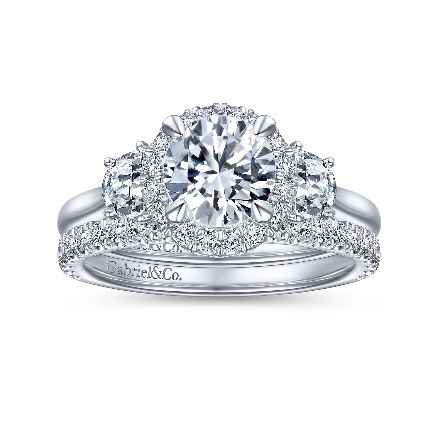 Galilea - 14K White Gold Round 3 Stone Halo Diamond Engagement Ring - 0.57 ct - Shot 4