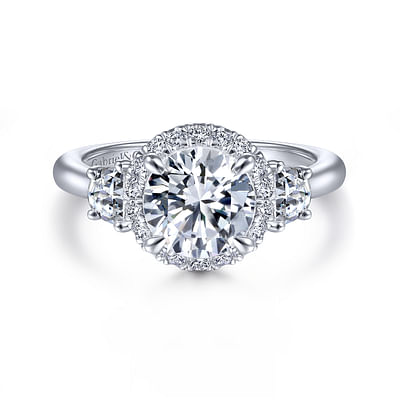 Galilea - 14K White Gold Round 3 Stone Halo Diamond Engagement Ring