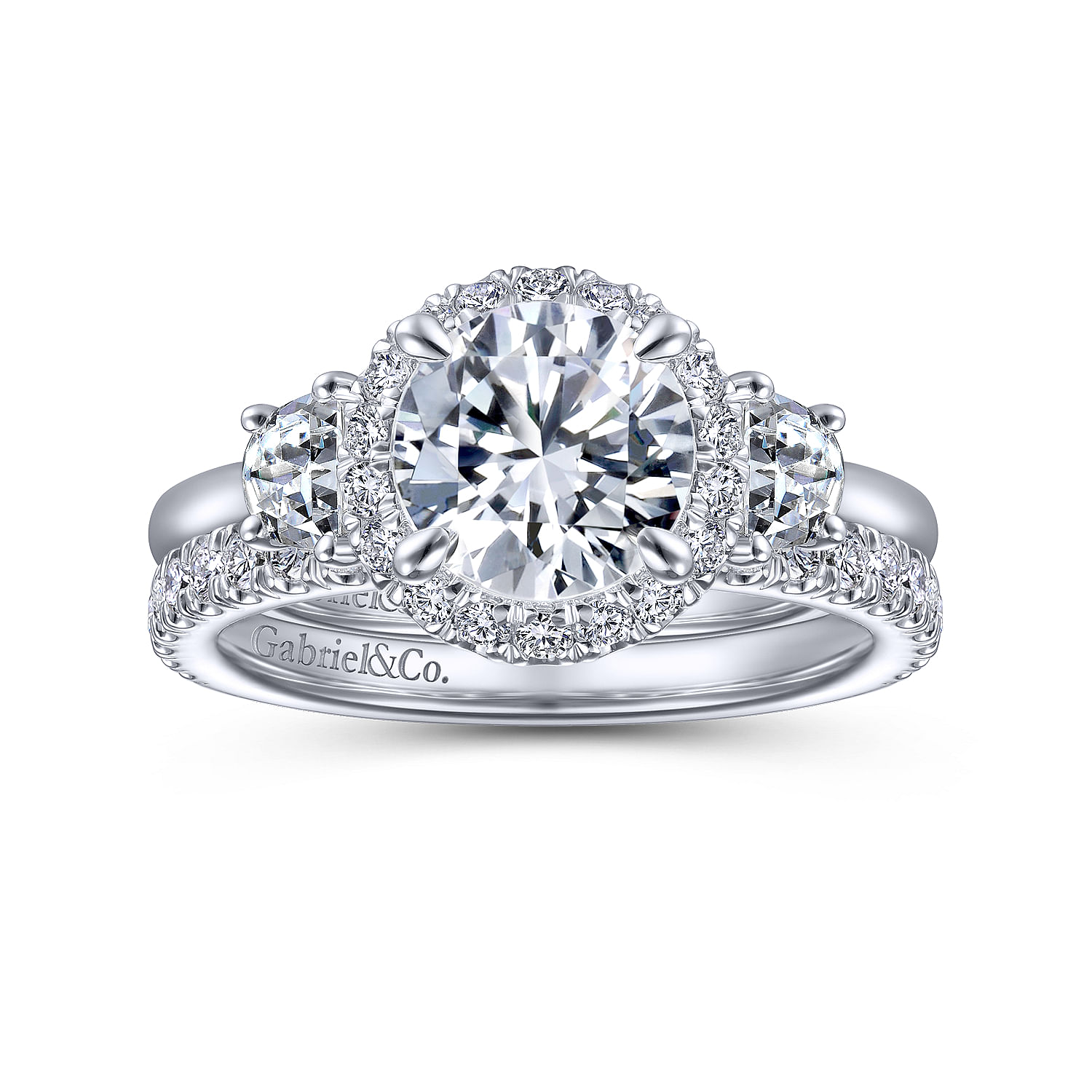 Galilea - 14K White Gold Round 3 Stone Halo Diamond Engagement Ring - 0.58 ct - Shot 4