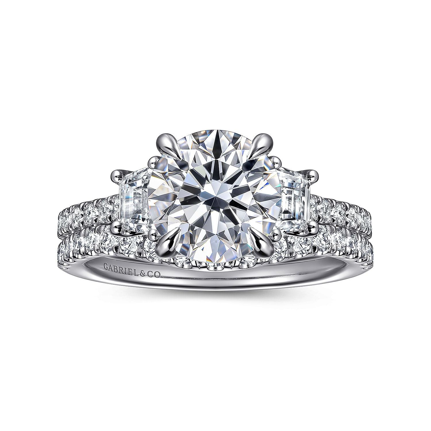 Georgie - 14K White Gold Round Three Stone Lotus Diamond Engagement Ring