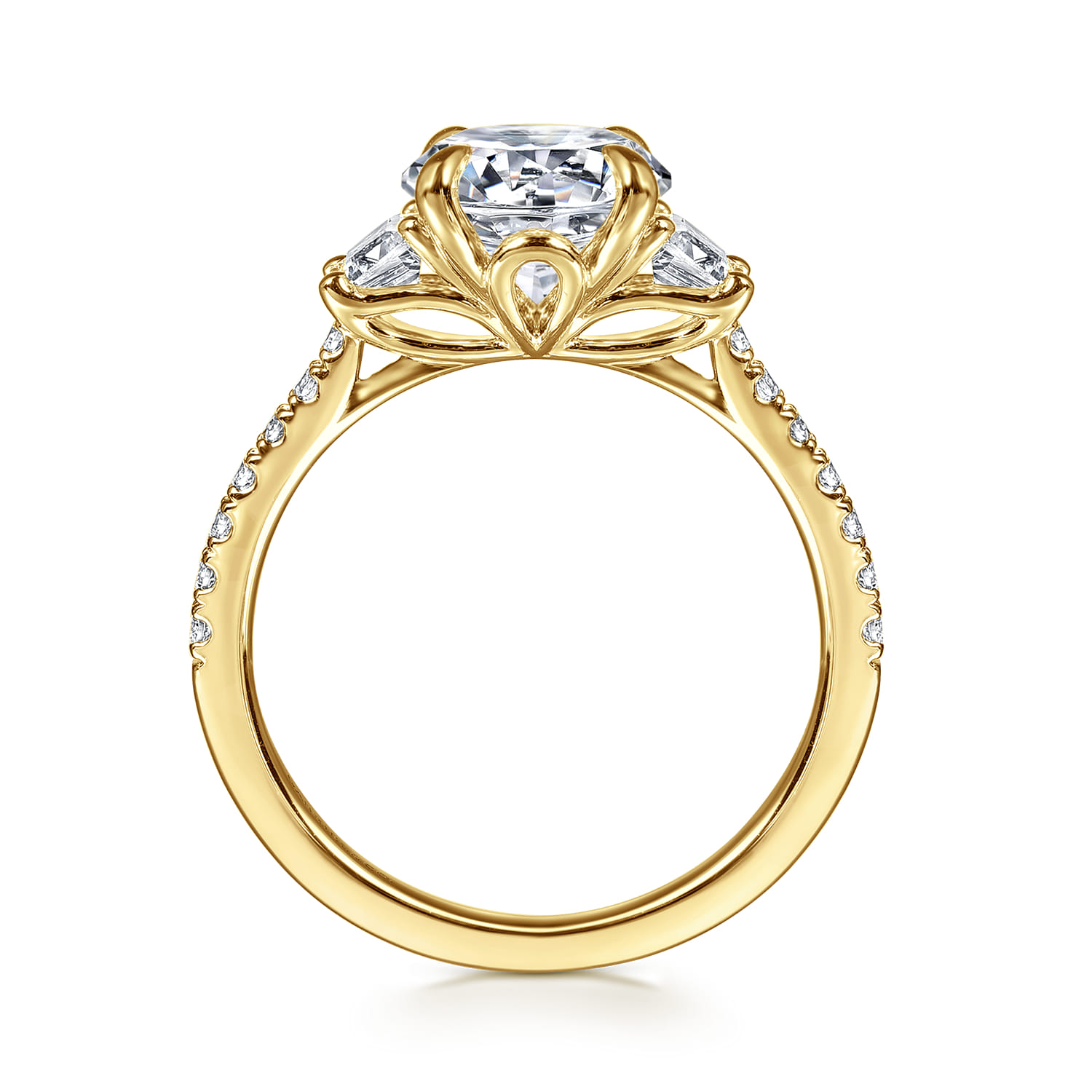 Georgie - 14K Yellow Gold Round Three Stone Lotus Diamond Engagement Ring