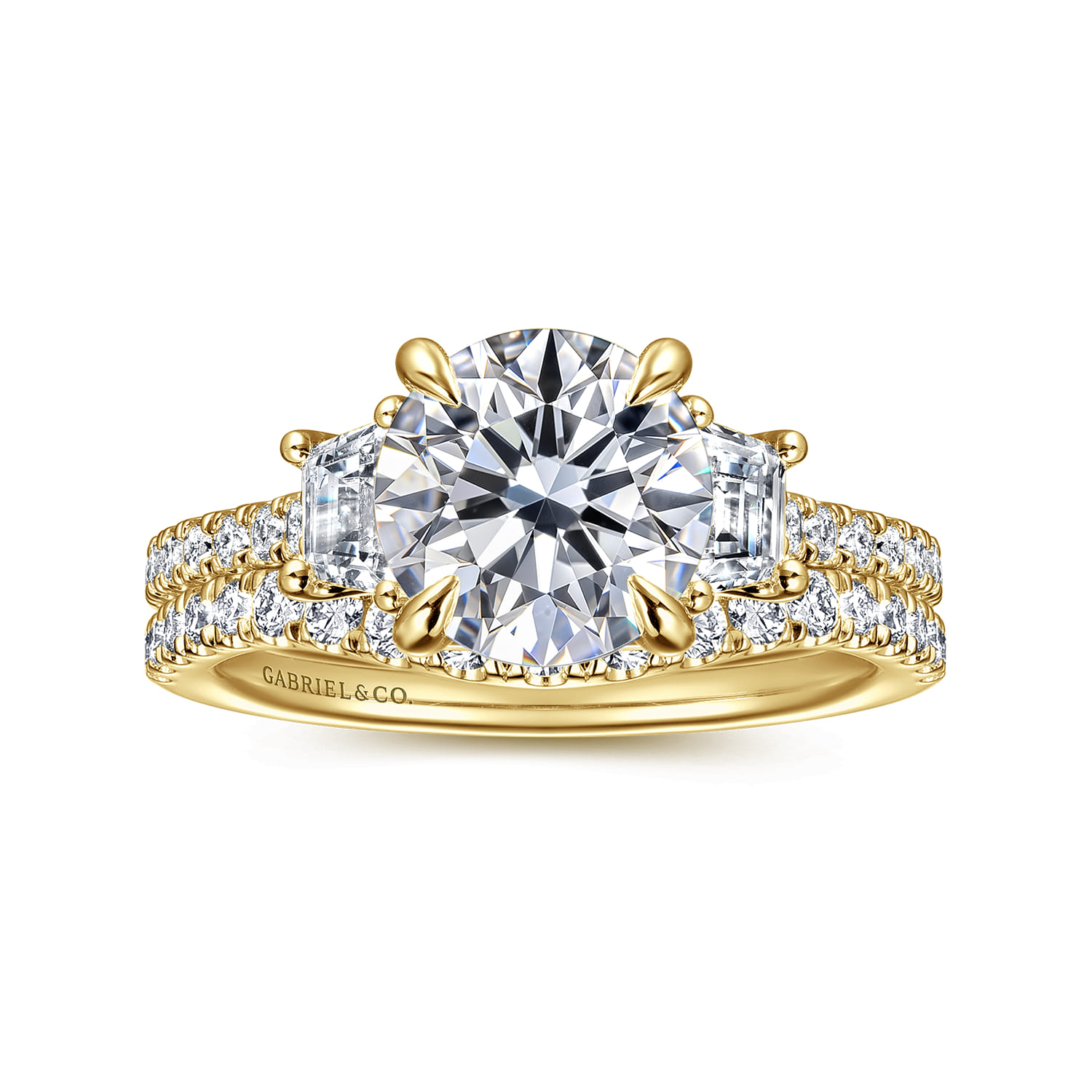 Georgie - 14K Yellow Gold Round Three Stone Lotus Diamond Engagement Ring